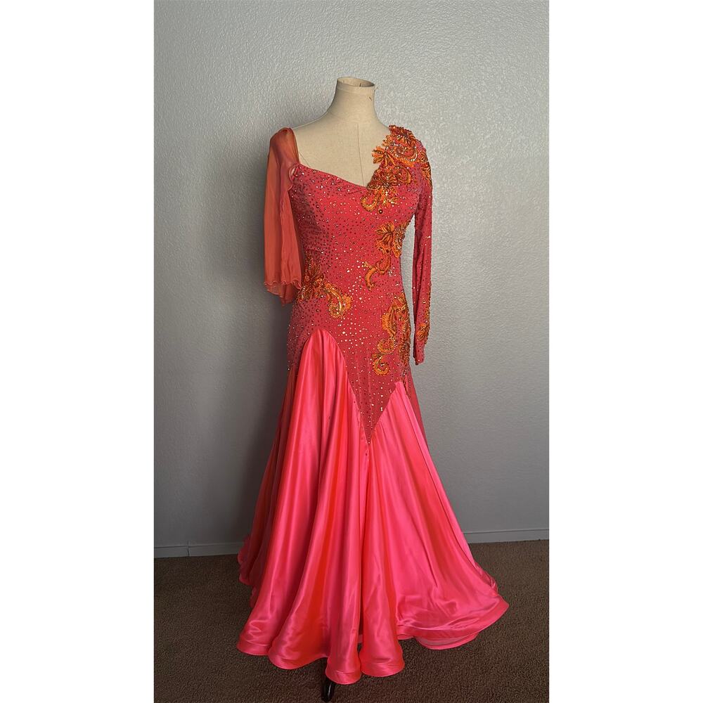 Custom De'Lux Coral Pink and Orange Lace Ballroom Dance Dress S/M - Picture 5 of 5